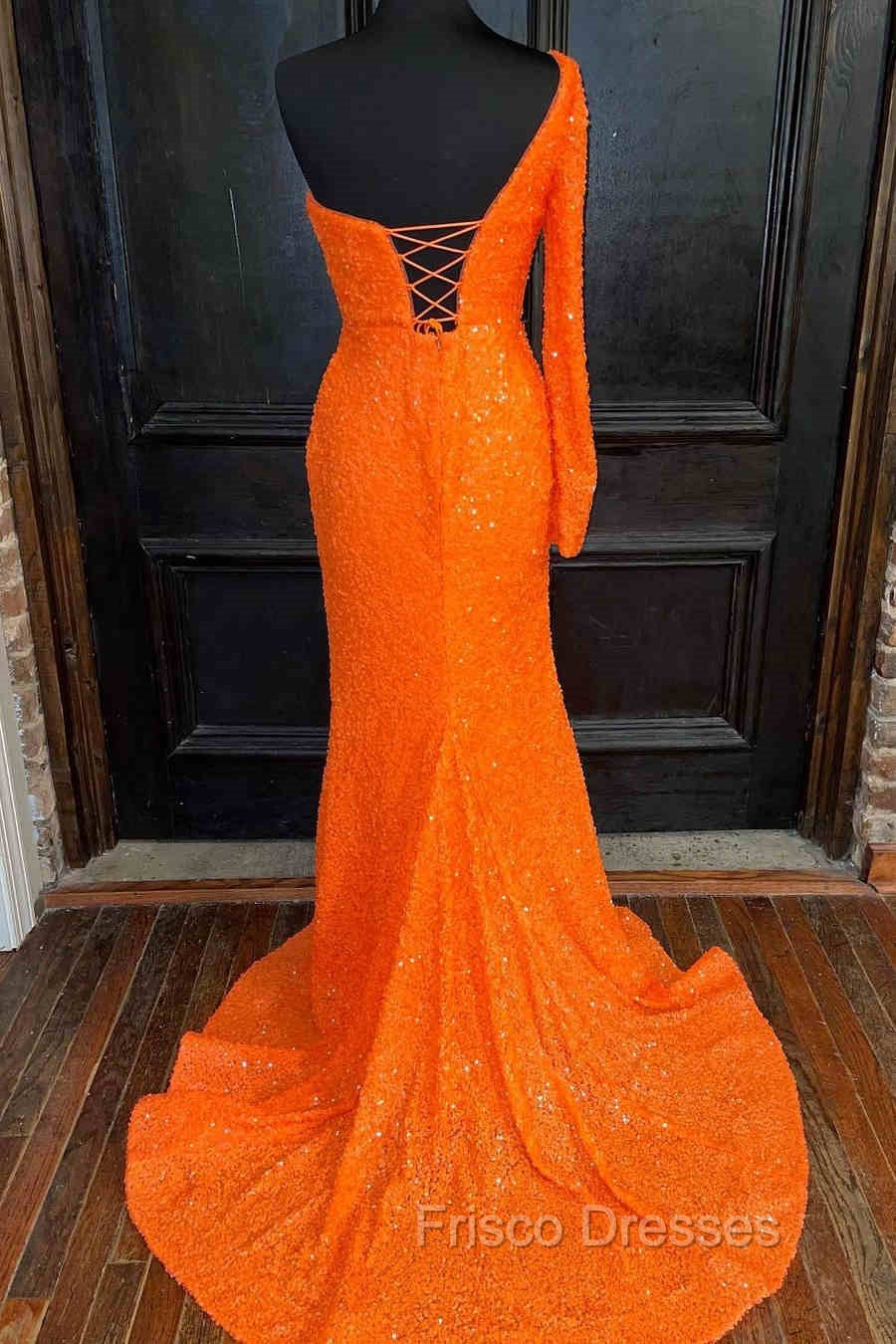 Orange Long Sleeve Sequined Formal Prom Dress With Slit Secondary image