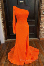 Orange Long Sleeve Sequined Formal Prom Dress With Slit