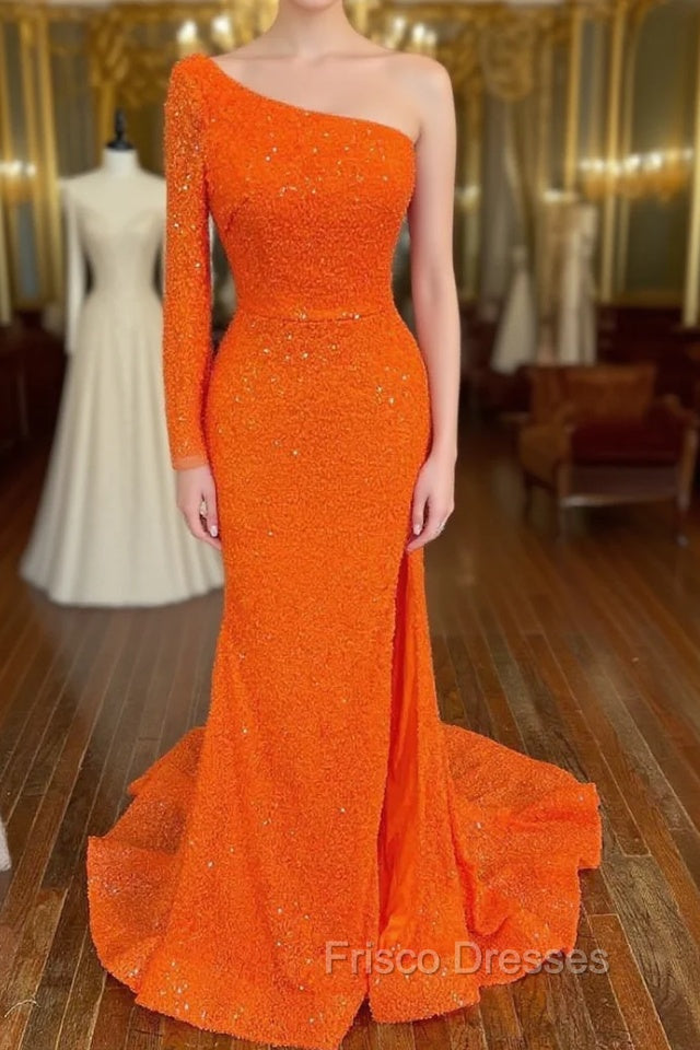 Orange Long Sleeve Sequined Formal Prom Dress With Slit Main image