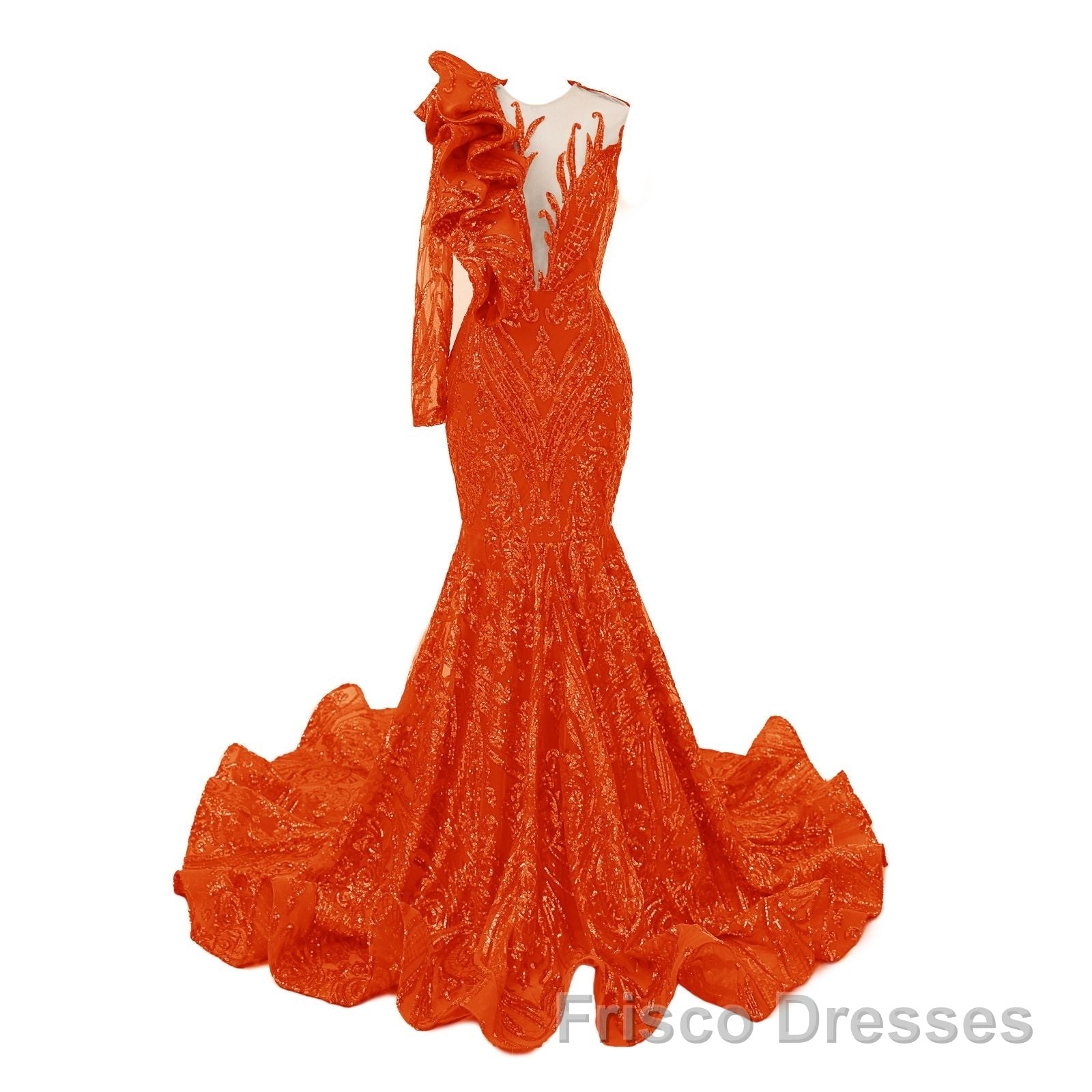 Orange Mermaid One Sleeve Formal Prom Dresses Sequined Lace Jewel Ruffles Evening Party Dresses with Appliques