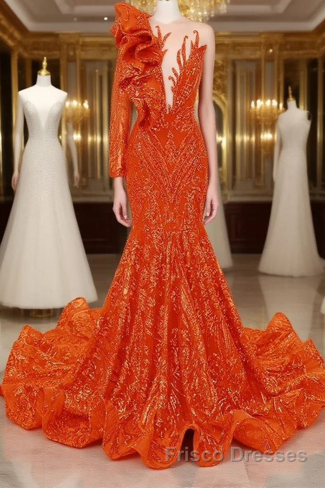 Orange Mermaid One Sleeve Formal Prom Dresses Sequined Lace Jewel Ruffles Evening Party Dresses with Appliques Main image