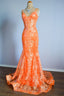 Orange Mermaid Spaghetti Straps Sequins Applique Long Formal Dress
