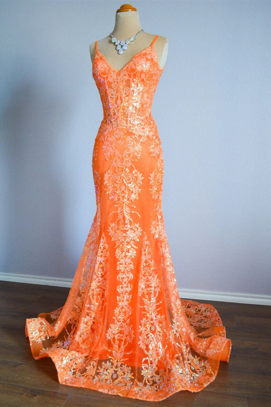 Orange Mermaid Spaghetti Straps Sequins Applique Long Formal Dress Main image