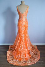 Orange Mermaid Spaghetti Straps Sequins Applique Long Formal Prom Dress Tulle Evening Dress