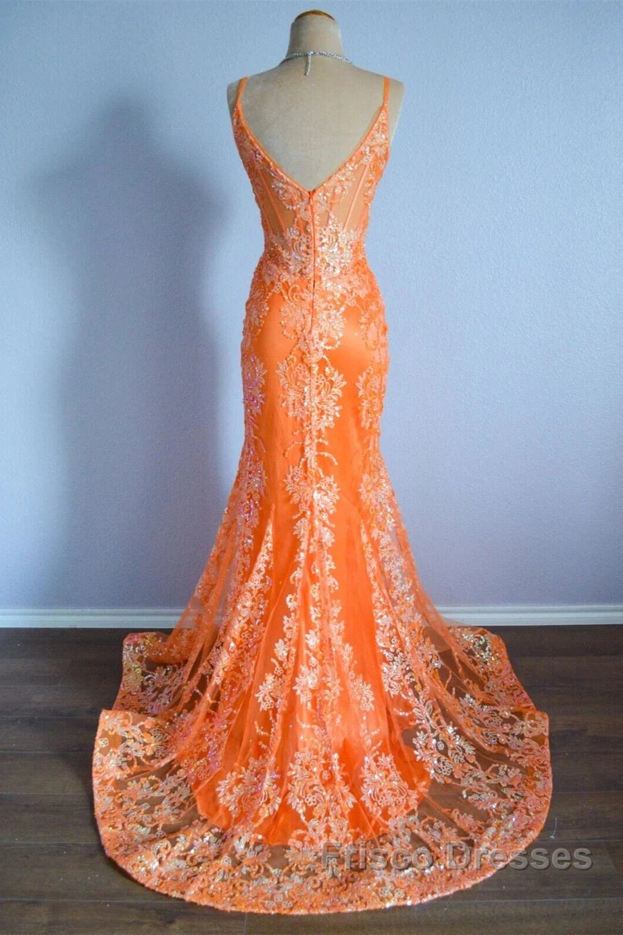 Orange Mermaid Spaghetti Straps Sequins Applique Long Formal Prom Dress Tulle Evening Dress