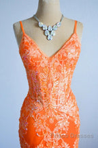 Orange Mermaid Spaghetti Straps Sequins Applique Long Formal Prom Dress Tulle Evening Dress