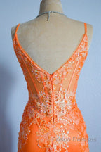 Orange Mermaid Spaghetti Straps Sequins Applique Long Formal Prom Dress Tulle Evening Dress