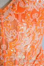 Orange Mermaid Spaghetti Straps Sequins Applique Long Formal Prom Dress Tulle Evening Dress