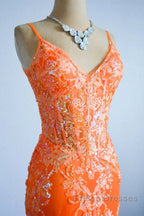 Orange Mermaid Spaghetti Straps Sequins Applique Long Formal Prom Dress Tulle Evening Dress