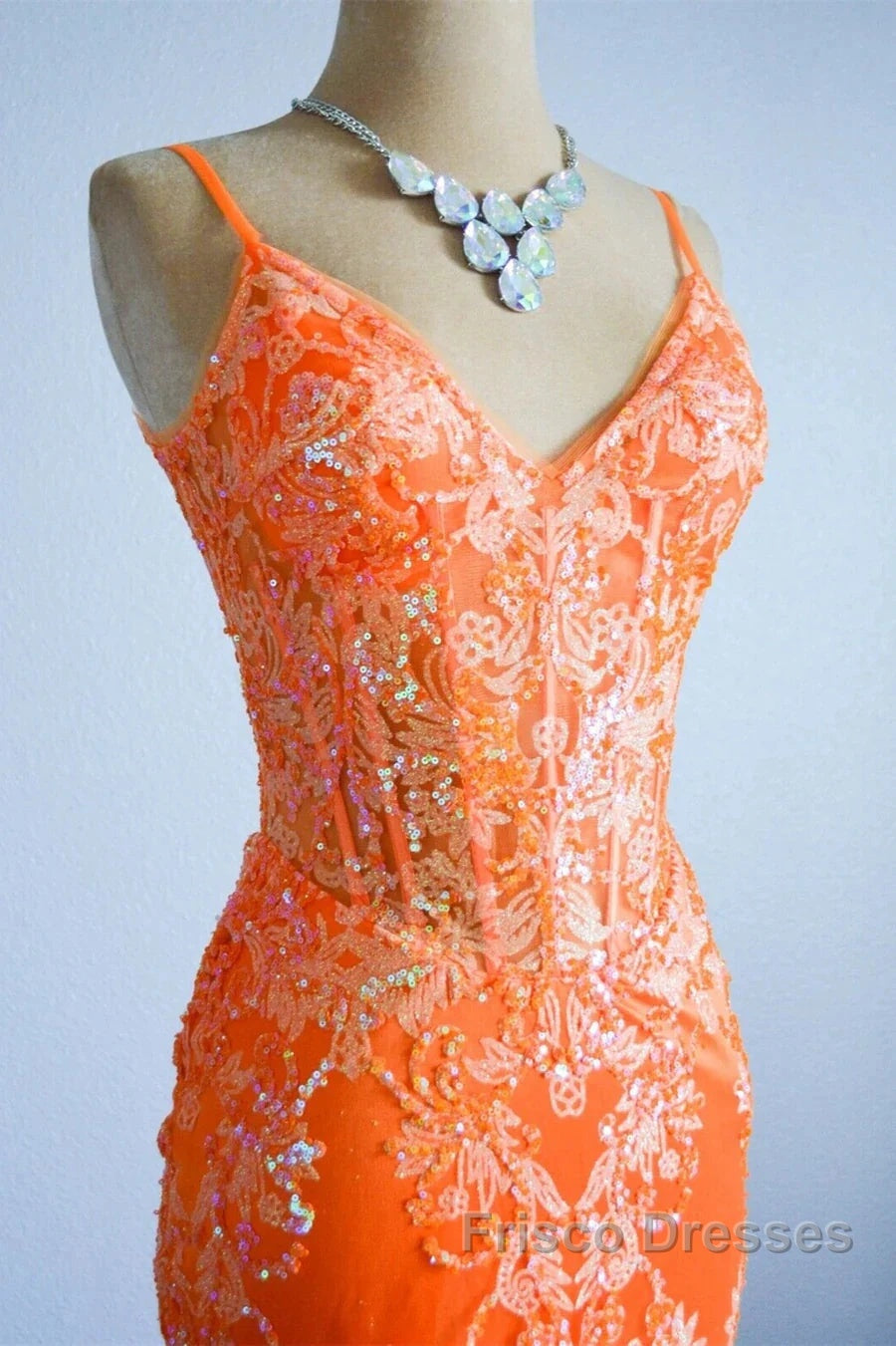 Orange Mermaid Spaghetti Straps Sequins Applique Long Formal Prom Dress Tulle Evening Dress