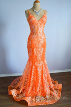 Orange Mermaid Spaghetti Straps Sequins Applique Long Formal Prom Dress Tulle Evening Dress