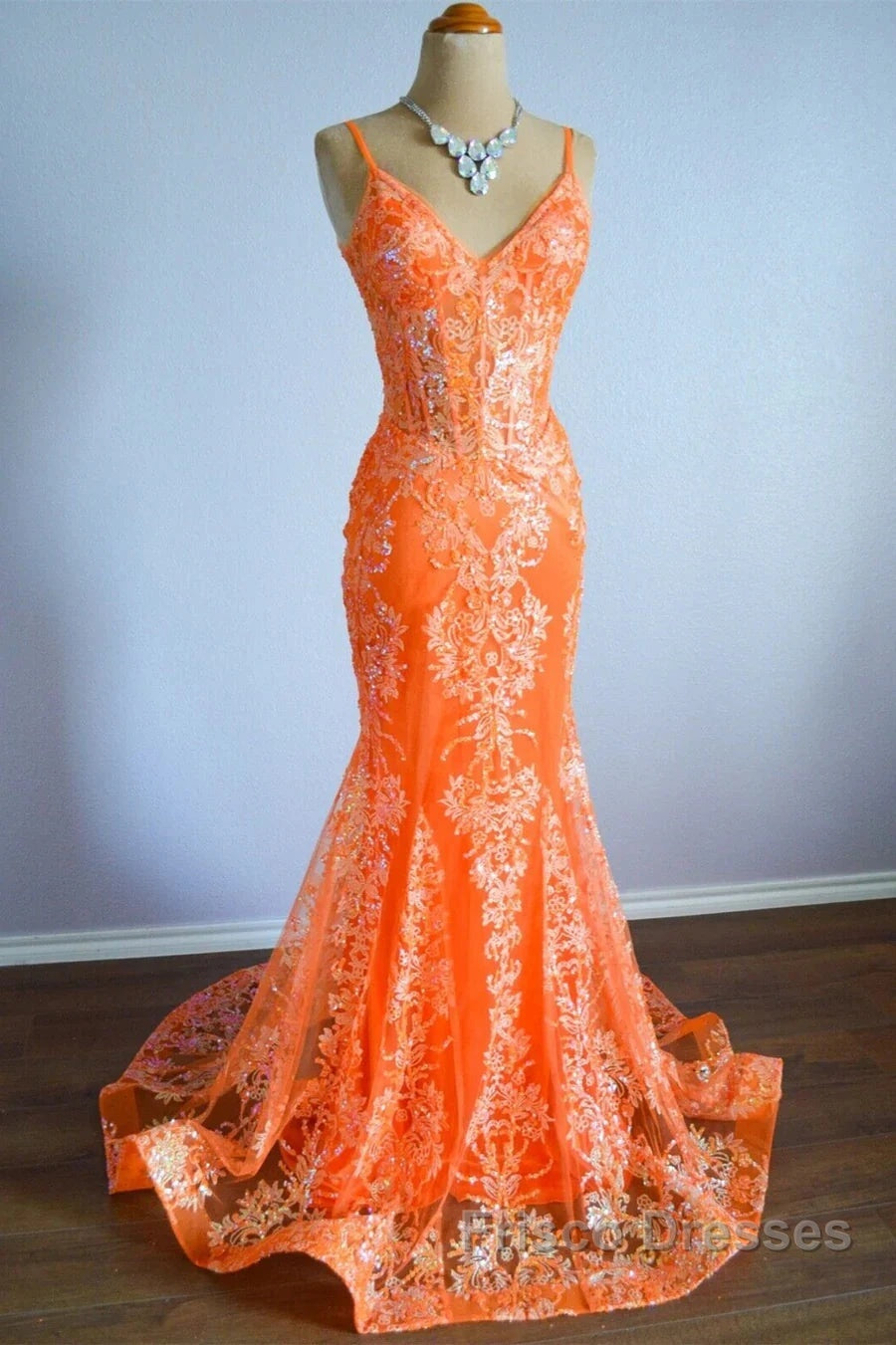 Orange Mermaid Spaghetti Straps Sequins Applique Long Formal Prom Dress Tulle Evening Dress