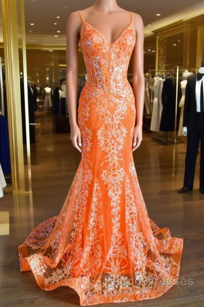 Orange Mermaid Spaghetti Straps Sequins Applique Long Formal Prom Dress Tulle Evening Dress Main image
