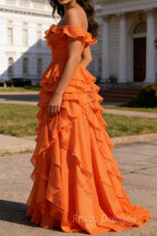 Orange Ruffled A-Line Square Neck Long Prom Dress