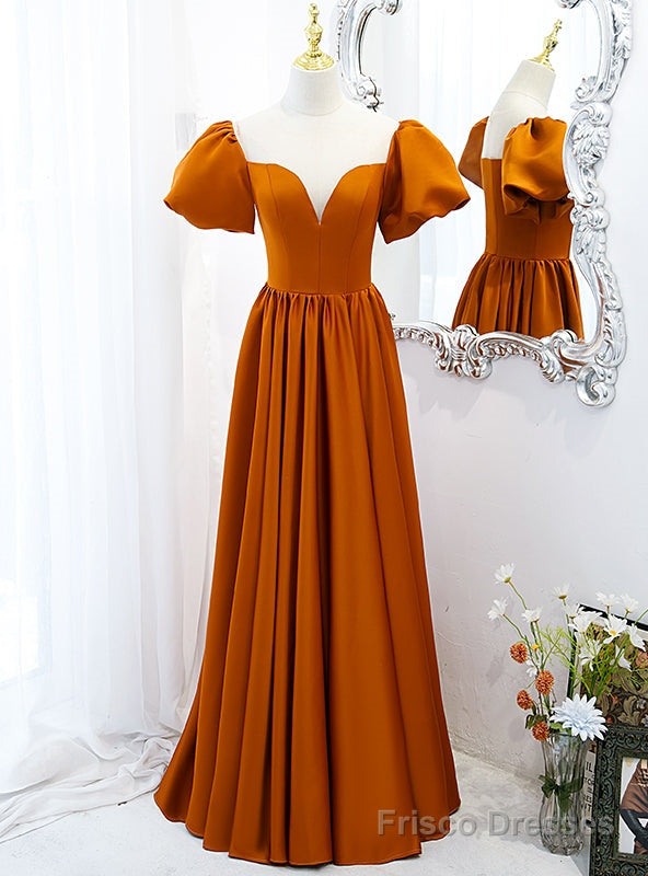 Orange Satin Puff Sleeve Illusion Neck Prom Dress Main image