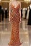 Orange Sequins Sheath Spaghetti Straps Long Formal Prom Dress