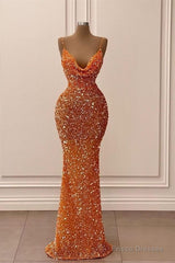 Orange Sequins Sheath Spaghetti Straps Long Prom Dress