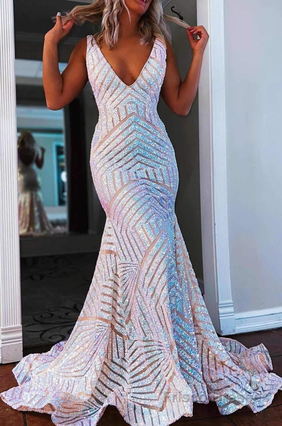 Orange Sparkly Deep V Neck Sequin Mermaid Prom Dress
