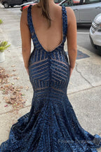 Orange Sparkly Deep V Neck Sequin Mermaid Prom Dress