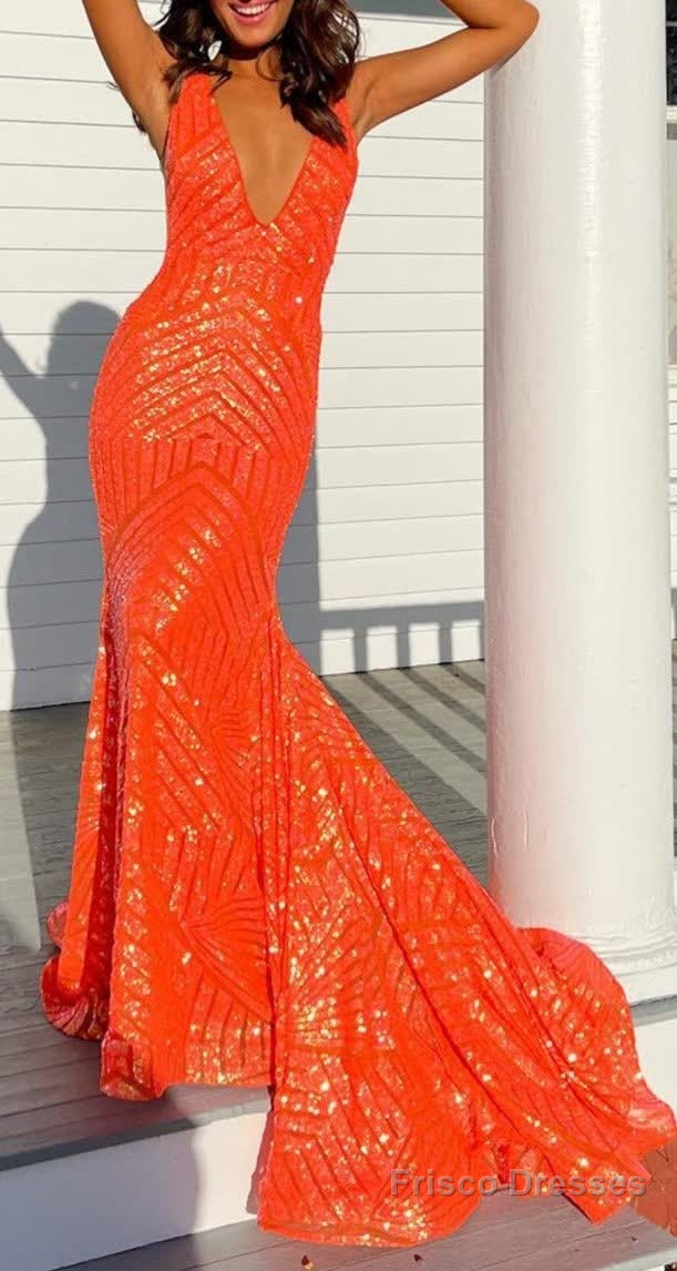 Orange Sparkly Deep V Neck Sequin Mermaid Prom Dress Main image