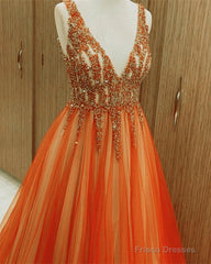 Orange Tulle Ball Gown Beaded V-Neck
