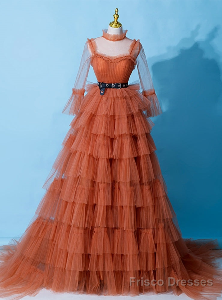 Orange Tulle Long Sleeve Tiers Prom Dress Main image