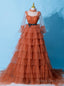 Orange Tulle Long Sleeve Tiers Prom Dress