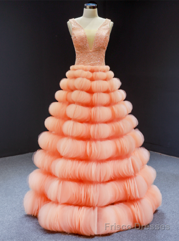 Orange Tulle Tiers V-neck Backless Beading Prom Dress Main image