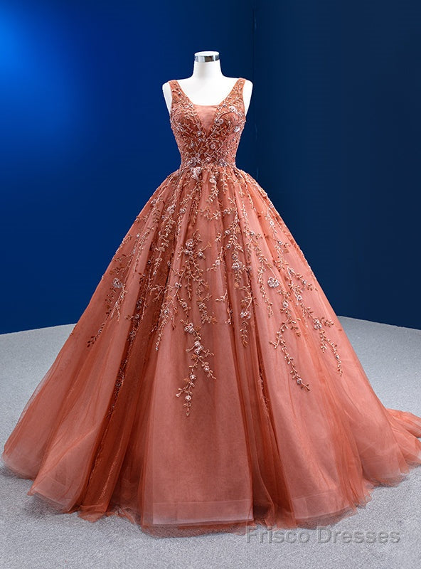 Orange Tulle V-neck Beading Sequins Prom Dress Main image