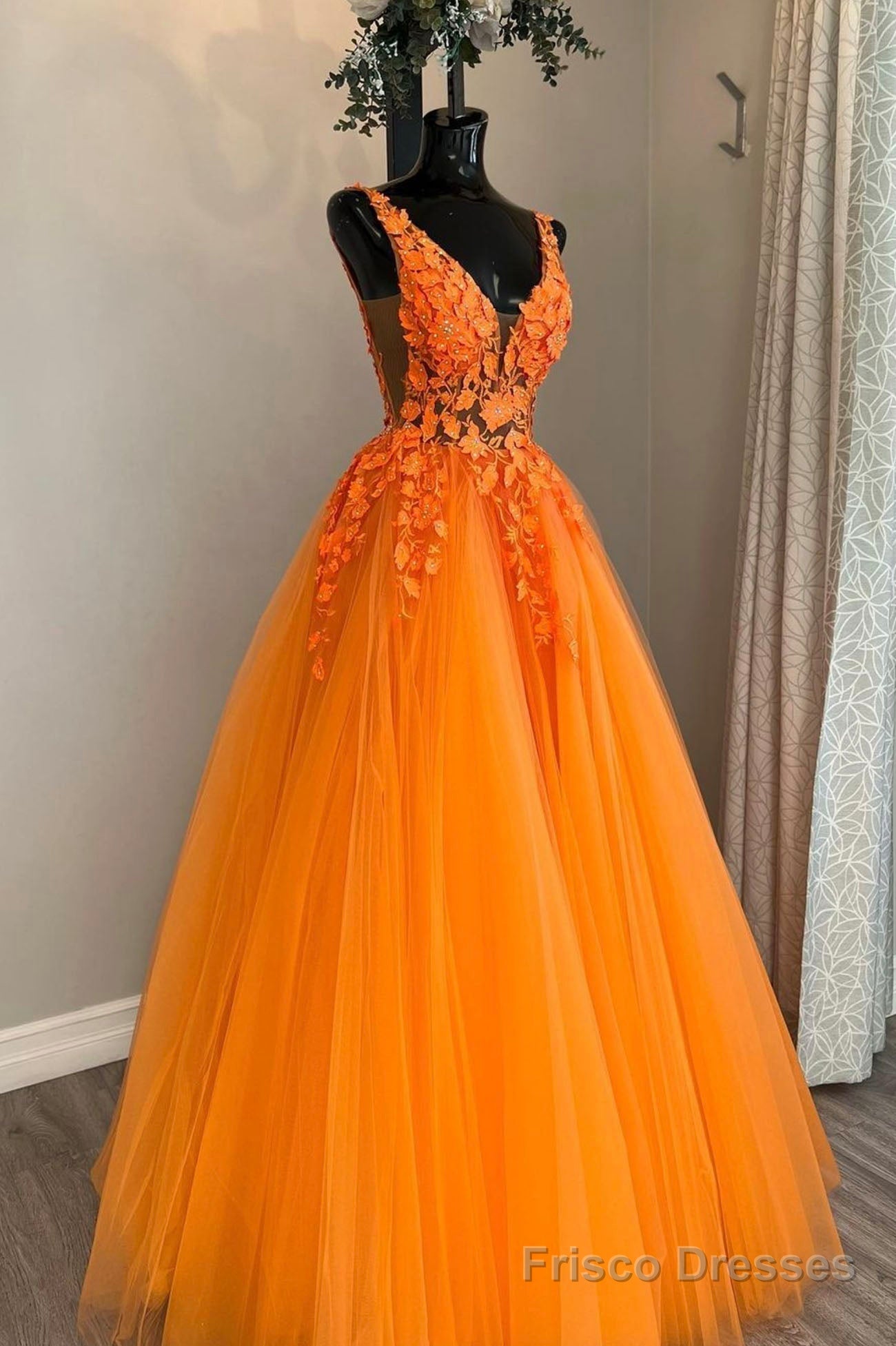 Orange V-Neck Tulle Lace Long Prom Dress, A-Line Backless Evening Dress Main image