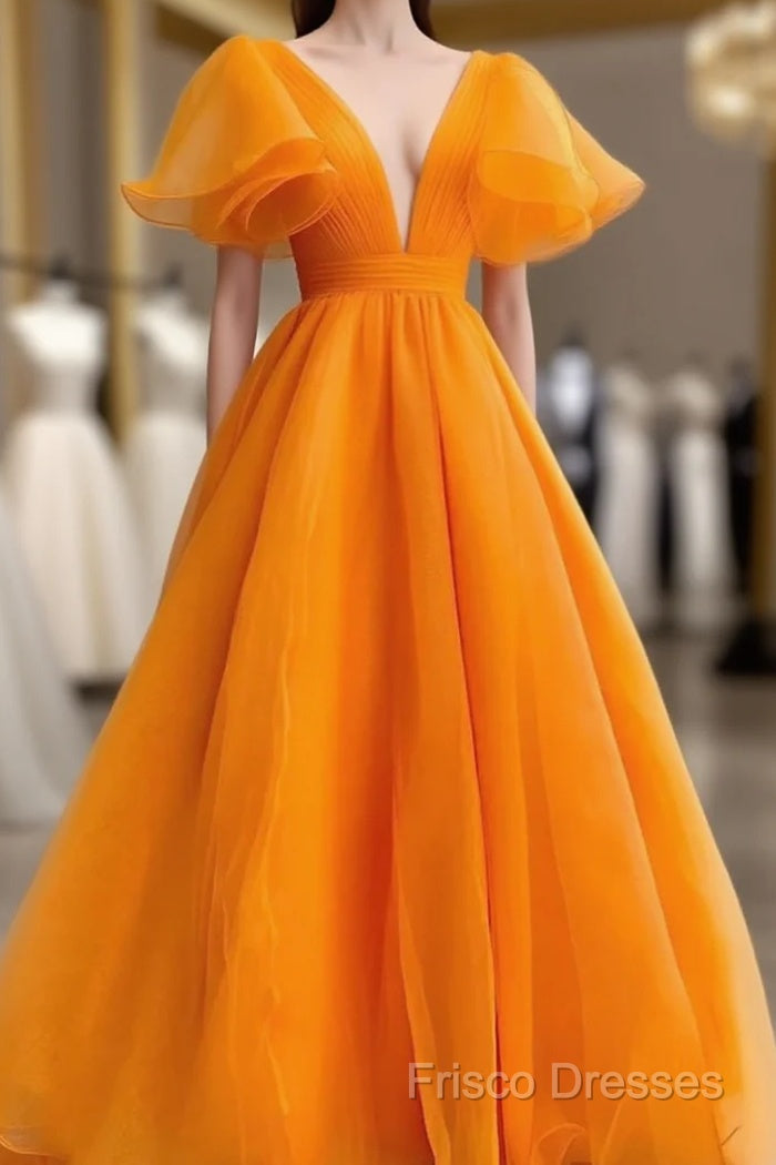 Orange V-Neckline Puffy Sleeves Long Party Dress, A-Line Organza Formal Prom Dress Main image
