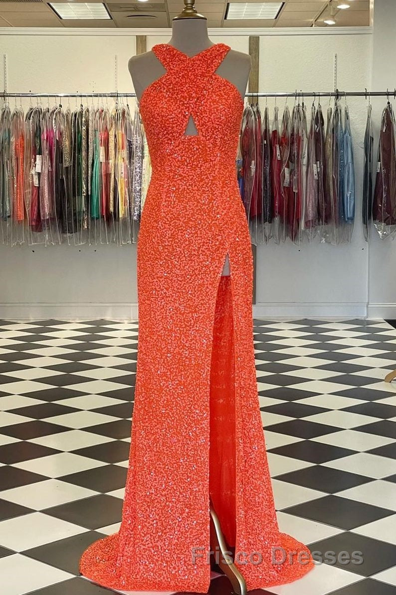 Cross Front Hot Pink Sequins Mermaid Long Formal Prom Dress