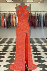 Cross Front Hot Pink Sequins Mermaid Long Formal Prom Dress
