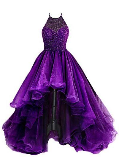 Organza With Beaded Bodice Halter High Low Prom Dress,Pageant Dress
