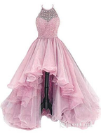 Organza With Beaded Bodice Halter High Low Prom Dress,Pageant Dress