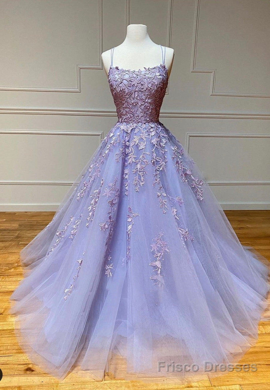 Purple Lace Long Prom Dresses, A-Line Backless Evening Dresses Main image