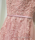 Pink Lace Tulle Long A Line Formal Prom Dress, Pink Evening Dress, 1