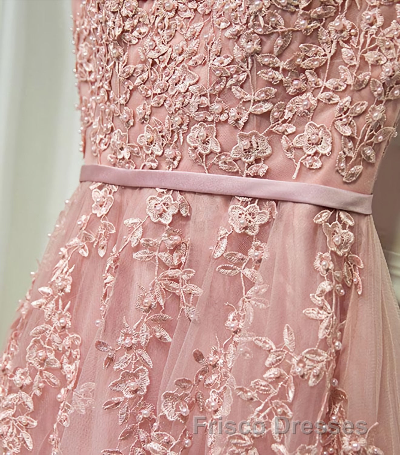 Pink Lace Tulle Long A Line Formal Prom Dress, Pink Evening Dress, 1