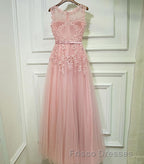 Pink Lace Tulle Long A Line Formal Prom Dress, Pink Evening Dress, 1