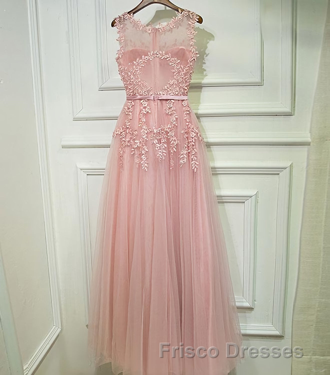 Pink Lace Tulle Long A Line Formal Prom Dress, Pink Evening Dress, 1