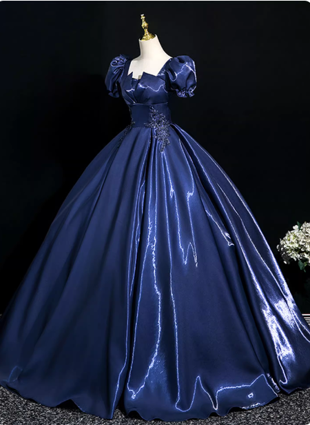 Palace Vintage Navy Blue Puffed Sleeve Embroidered Satin Long Prom Dress Evening Dress