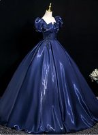 Palace Vintage Navy Blue Puffed Sleeve Embroidered Satin Long Prom Dress Evening Dress