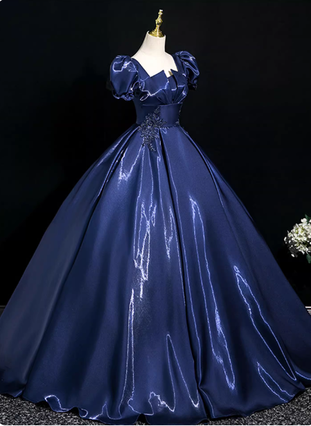 Palace Vintage Navy Blue Puffed Sleeve Embroidered Satin Long Prom Dress Evening Dress