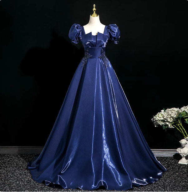 Palace Vintage Navy Blue Puffed Sleeve Embroidered Satin Long Prom Dress Evening Dress Main image