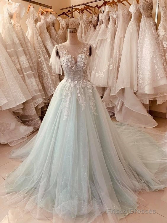Pastel Mint Green Floral Lace Flutter Sleeve Ball Gown Wedding Dress With Court Train & Glitter Tulle Prom Dress Main image