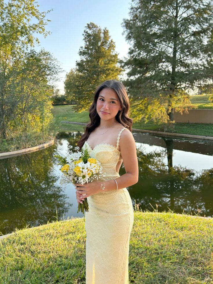 Pastel Yellow Prom Dress, Elegant Lace Evening Dress Main image