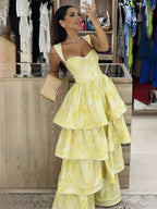 Pastel Yellow Ruffle Tiered A-Line Long Party Prom Dress