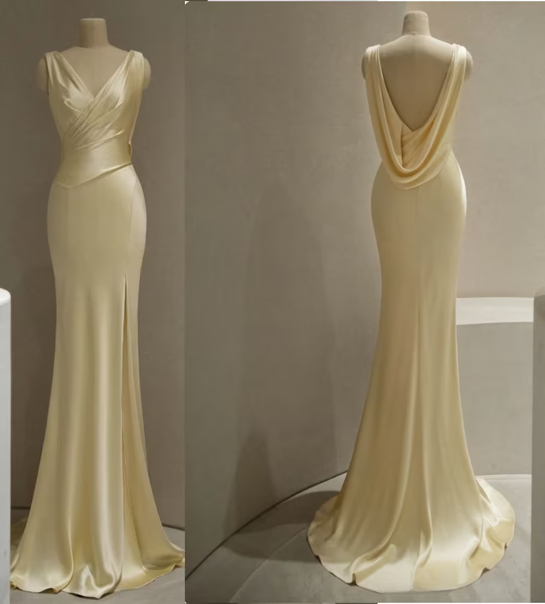 Pastel Yellow Satin Backless Mermaid Long Prom Dress Main image