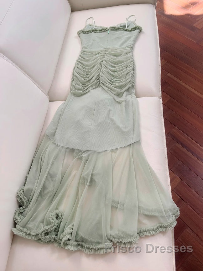 Pea Green Suspender Long Dress