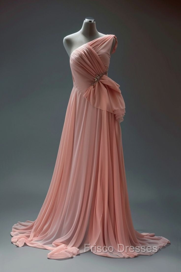 Peach A-Line One Shoulder Chiffon Long Formal Prom Dress Simple Bridal Dress Secondary image
